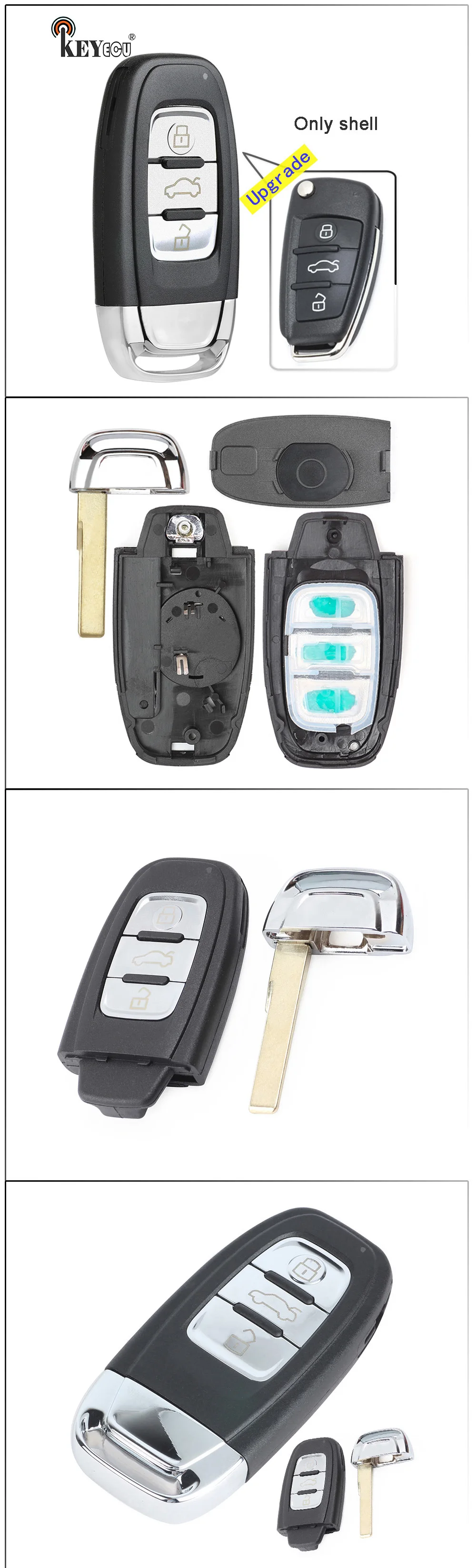 KEYECU 10x для Audi A6L Q7, складная модель, обновленная, 3 кнопки, без ключа, умный пульт дистанционного управления, Автомобильный ключ, корпус, чехол, брелок с лезвием