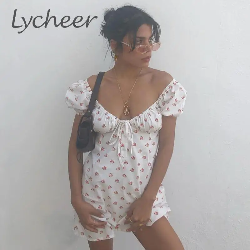 Lycheer/винтажное мини-платье с квадратным воротником женский цветочным принтом