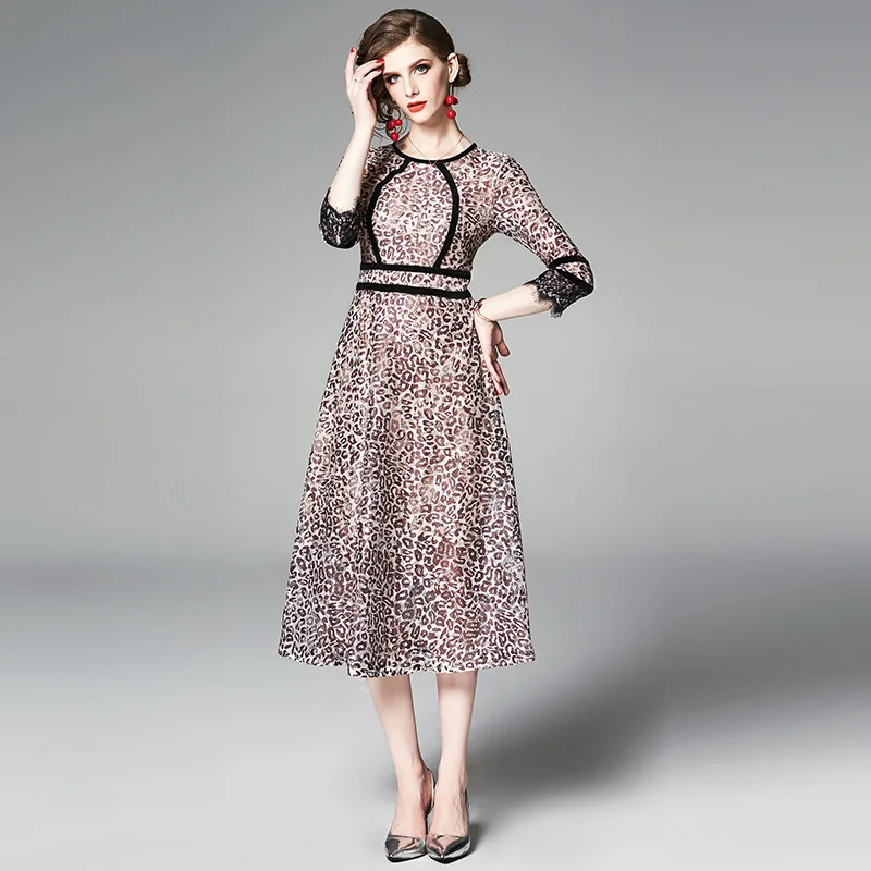 Willstage Leopard printed lace dress A line high quality Vintage Elegant Dresses splicing women 2019 Summer Autumn vestidos | Женская