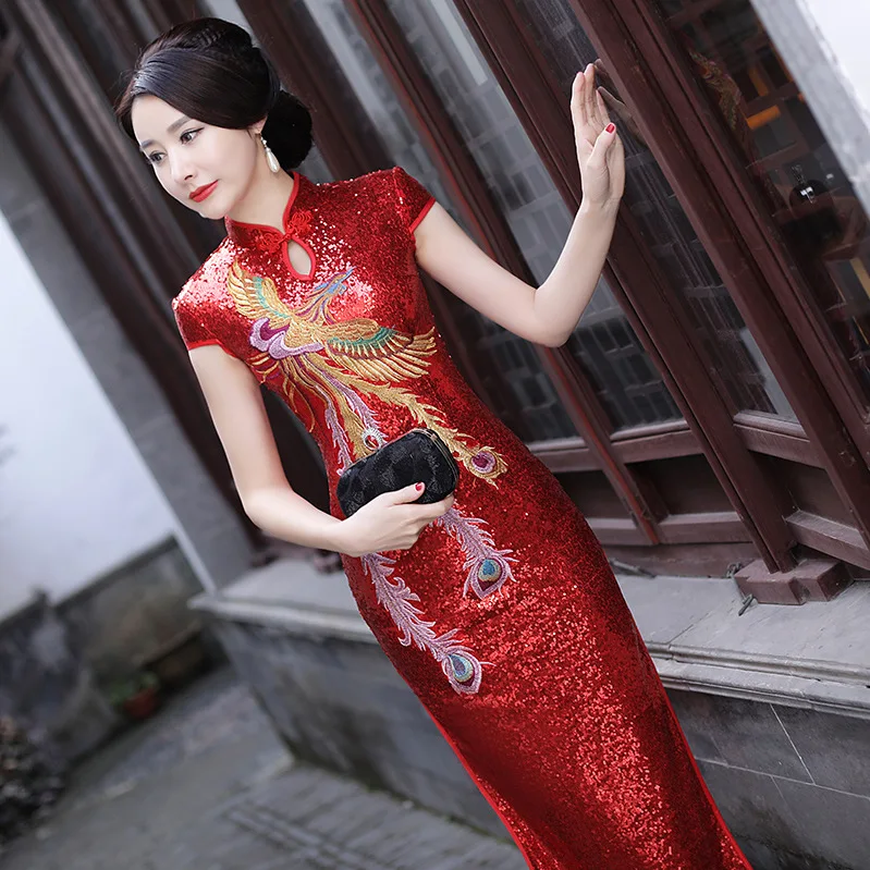 Red Cheongsam Women Traditional Dress Sexy Wedding Qipao Sequin Embroidery Chinese Oriental Dresses Vestidos Formales Long QiPao |