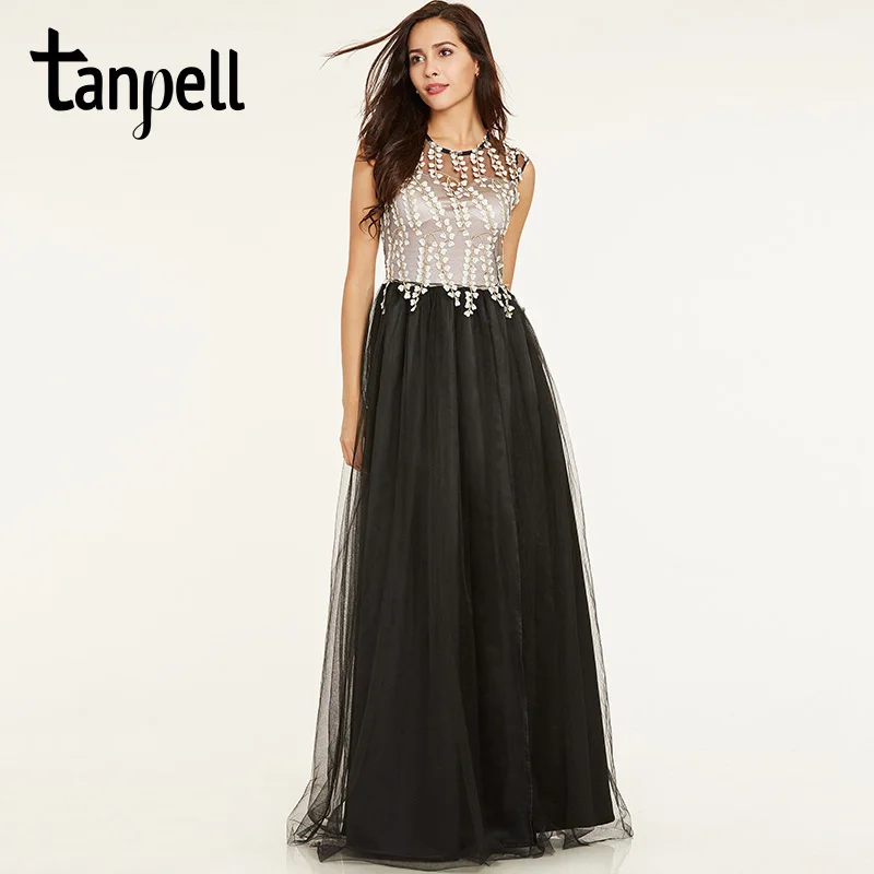 Женское длинное вечернее платье трапеция Tanpell черное до пола с рукавами