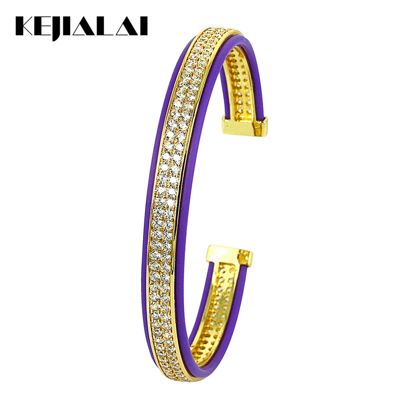 Hot Sale Genuine Leather Bracelets Men Bangle Purple Pave with Double Lines Clear Zircon Open Cuff for Women Punk Style | Украшения и