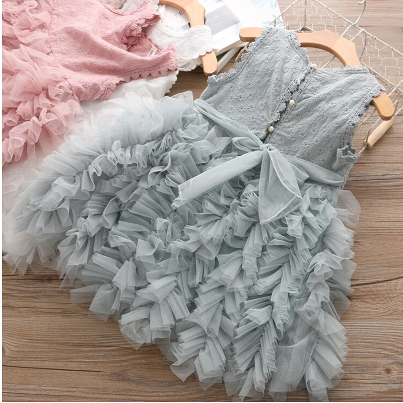 Summer Girls Dress Kids Vintage Gray Sleeveless Tulle Party Birthday 3 4 5 6 8 Years Children Clothing Girl | Детская одежда и