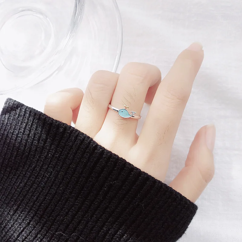 2019 New Real 925 Sterling Silver Blue Dolphin Elegant Ring For Women Girls Animal Open Rings Contracted Jewelry Gift | Украшения и