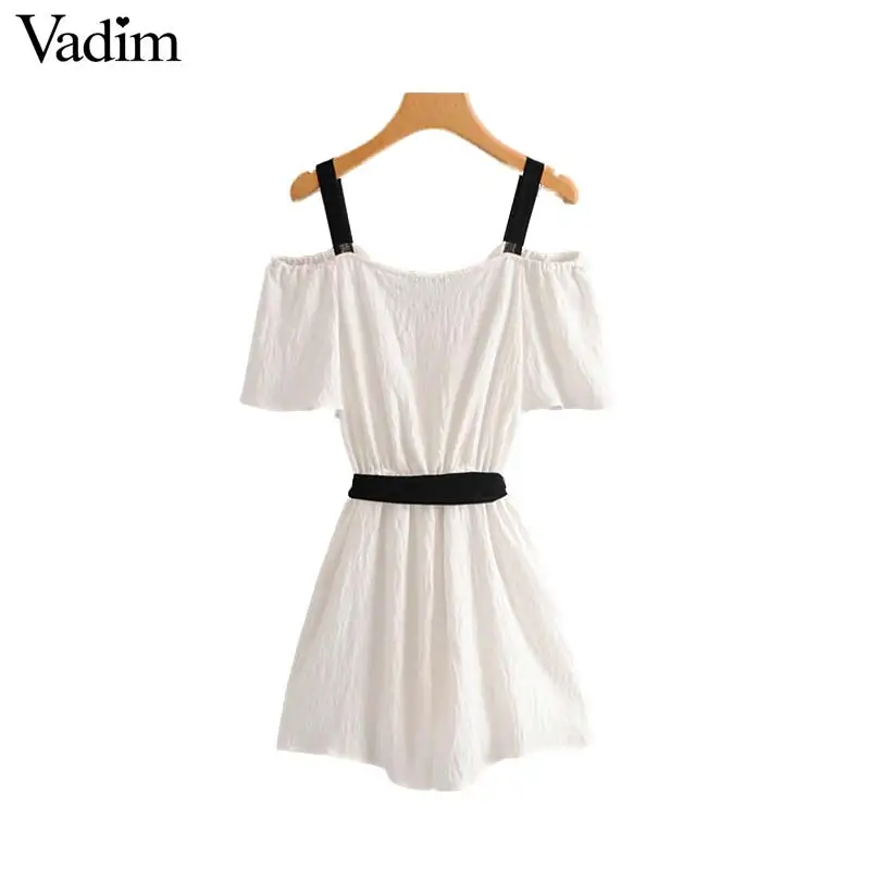 Vadim women sweet V neck backless palysuits elastic waist off shoulder design sashes female casual summer wear jumpsuits KB018 | Женская
