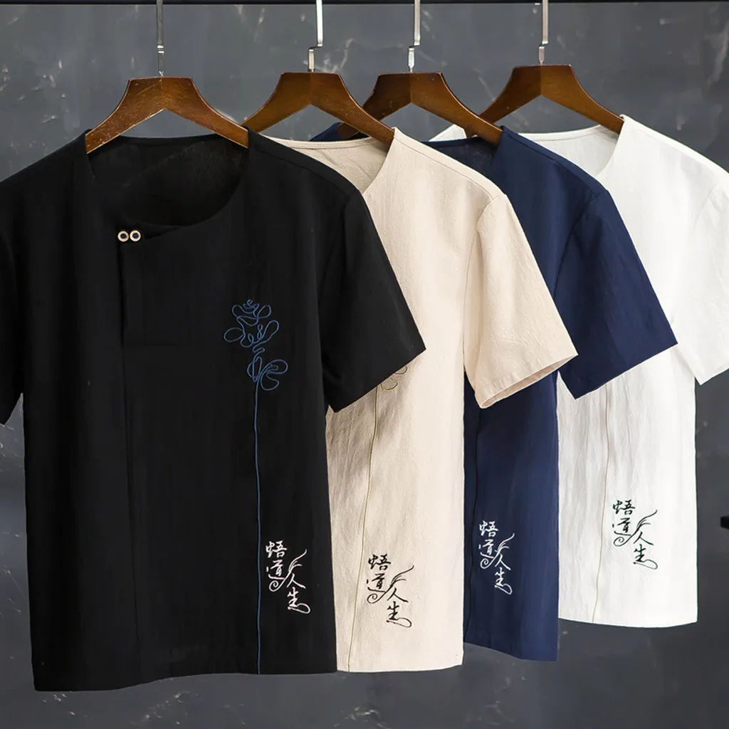 

Casual Men's Set Summer Cotton Embroidered Solid Color Set Simple Comfort Short Sleeve Pants Set Y611