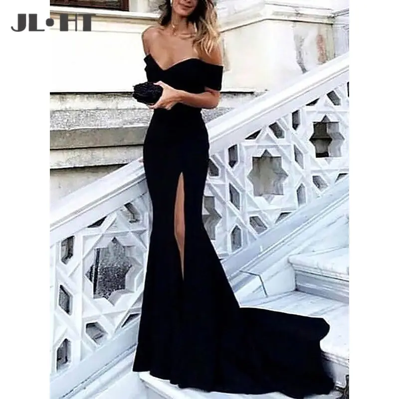 Женское вечернее платье-русалка Черное длинное платье с открытыми плечами и