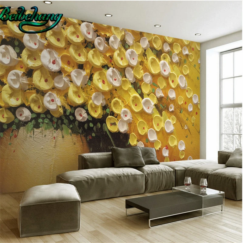 

beibehang Large Custom Wallpaper Mural Gold Yellow Stereo 3D Oil Painting Flower TV Backdrop Living Room Bedroom