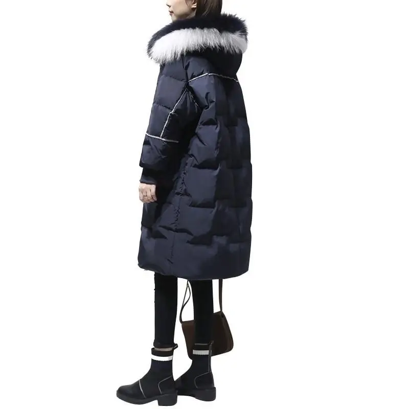 

2019 Winter Women Large Real Raccoon Fur Collar Hooded White Duck Down Jacket Plus Size Female Long Coat Thick Warm Parka M12