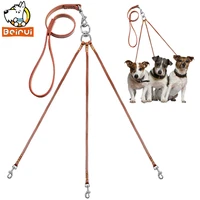three way puppy dog leash coupler no tangle leather triple dog leashes lead for walking 1 or 3 small medium dogs brown color