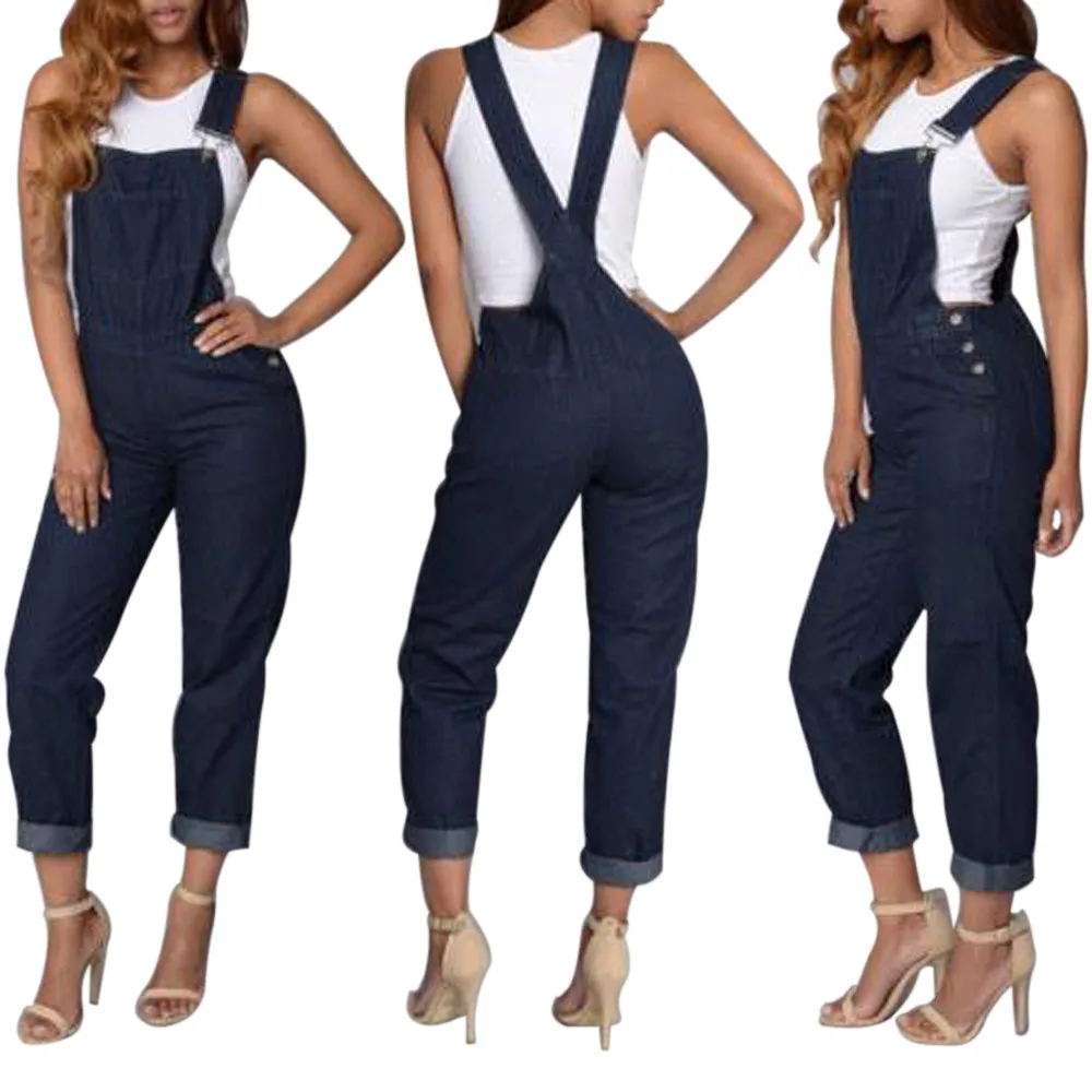 2019 Модный женский однотонный джинсовый длинный комбинезон без рукавов на