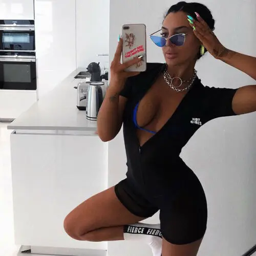 Женский прозрачный комбинезон с коротким рукавом облегающий клубный на молнии