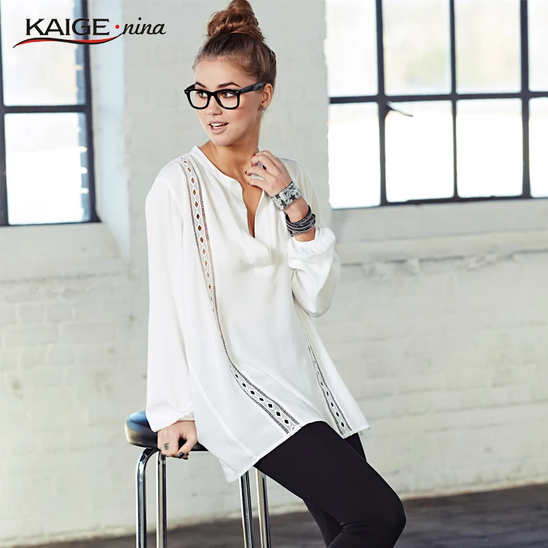 Kaige. Нина Женщины Топы Осень Офис Чистый Цвет Выдалбливают Плюс Размер Женщин