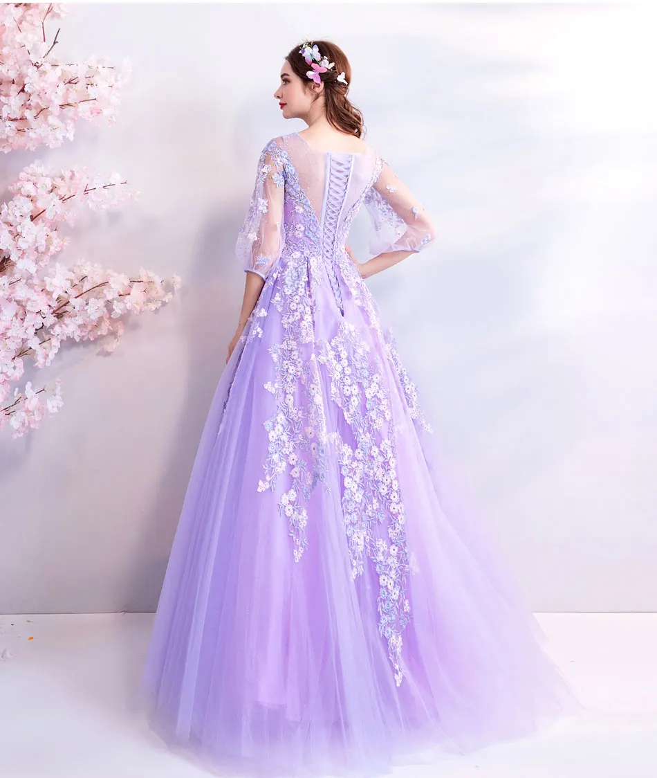 Женское вечернее платье SSYFashion фиолетовое до пола с коротким рукавом кружевной