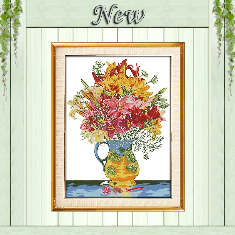 Blossom colorful flowers vase decor painting counted print on canvas DMC 11CT 14CT kits Cross Stitch embroidery needlework Sets | Дом и сад