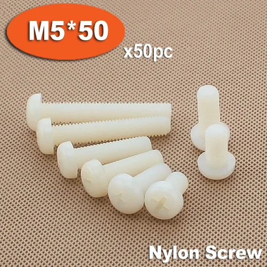 

50pcs DIN7985 M5 x 50 White Plastic Nylon Pan Head Phillips Screw Cross Recessed Raised Cheese Head Screws