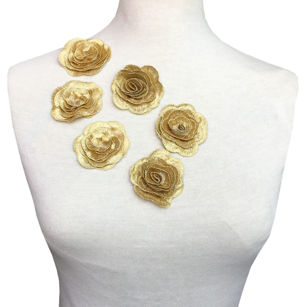 Apliques de flores 3D para coser, parche bordado de rosa, Parches dorados para Ropa, accesorios de costura, AC1424, 20 Uds.