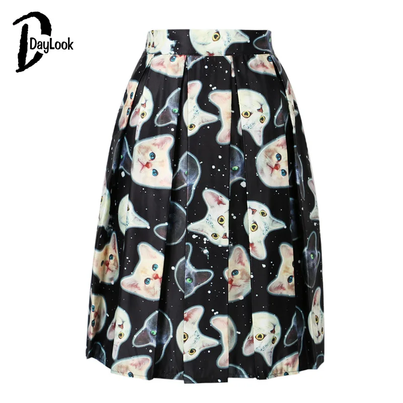 Daylook 2016 милый кот печати эластичные Высокая Талия приталенное Винтаж