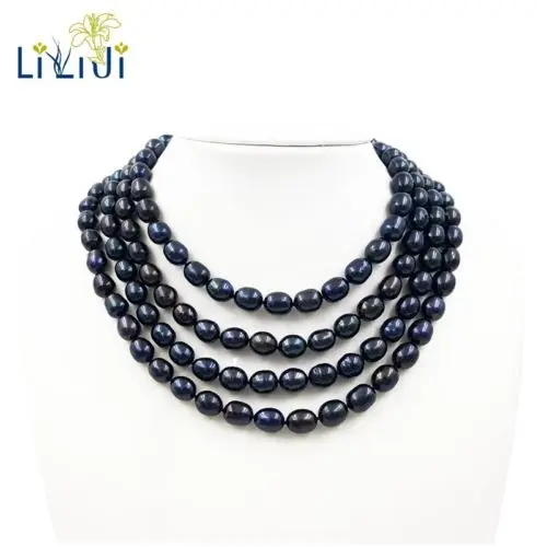 

9-10mm Black Rice Freshwater Pearl necklace 66" Fashion Necklace Nice Gift