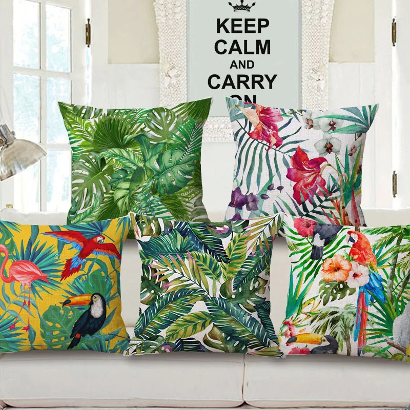 

New tropical Plant parrot Design Sofa Throw Pillow Case Cotton Linen Decorotive Cushion Cover 45x45cm Capas De Almofada