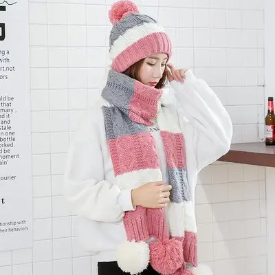 Pink 2pc Теплый комплект из 3 предметов зимние шапки шарф перчатки для женщин девочек толстый хлопок зимние аксессуары Головные уборы наборы женские шапочки шарф перчатки - Цвет: Pink 2pc