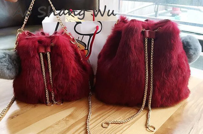 Новый 2017 бархат мешок цепи плечо шерсти помпой небольшой ведро|bucket bag|wool bagvelvet bag |