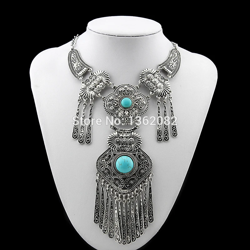 SENHUA Long Necklace for Women's Antique Silver Plated Tassels Statement Necklaces Natural Stone Pendant Sweater Chain MN612 | Украшения