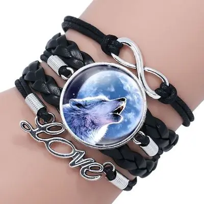 Retro Style Leather Bracelet Men Boho Glass Cabochon Moon Wolf Pattern Mens Bracelets 2019 Hand Jewelry | Украшения и аксессуары