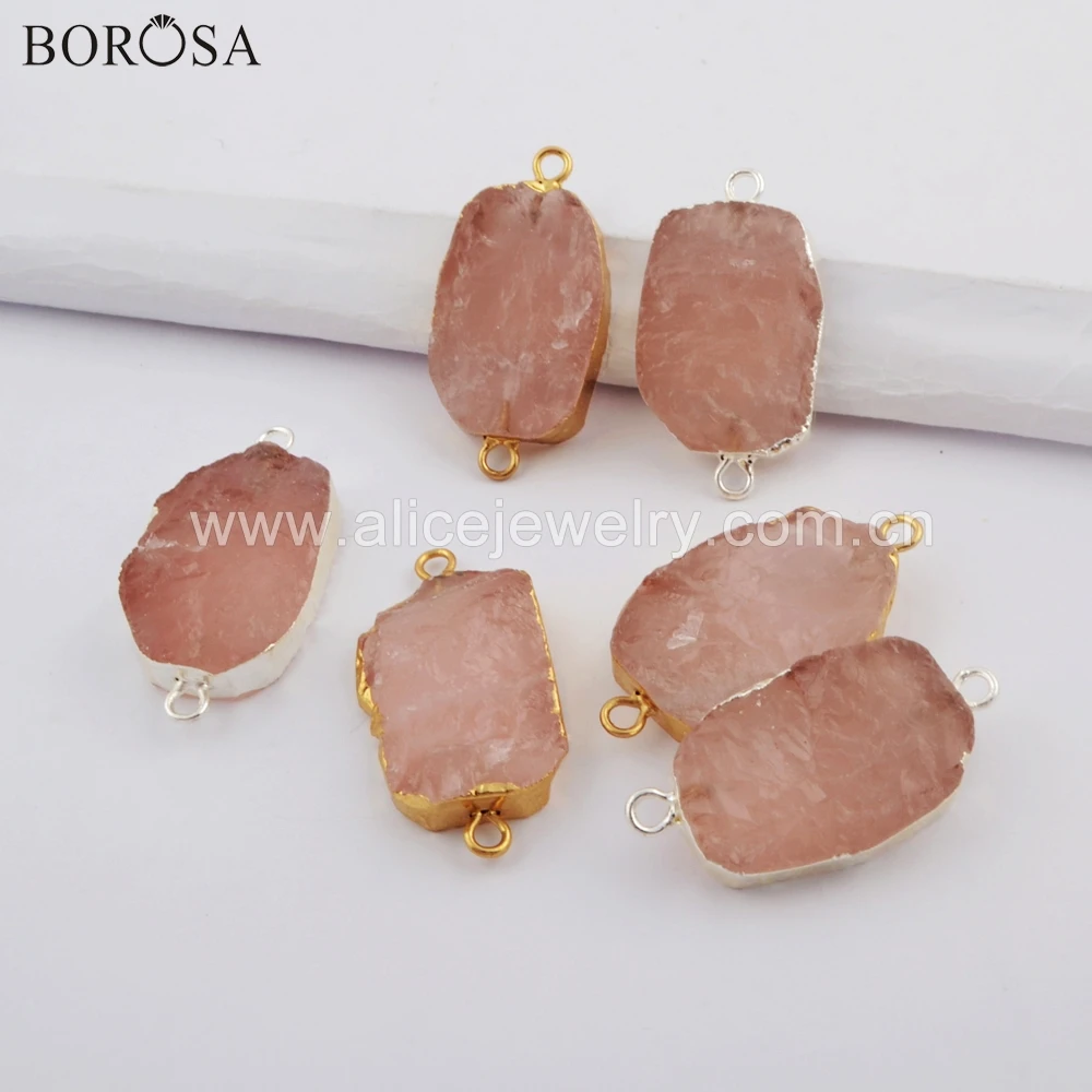 

BOROSA 5PCS Gold Color Rough Natural Pink Quartz Connector Raw Gems Stone Quartz Double Charms for Necklace Jewelry G1746