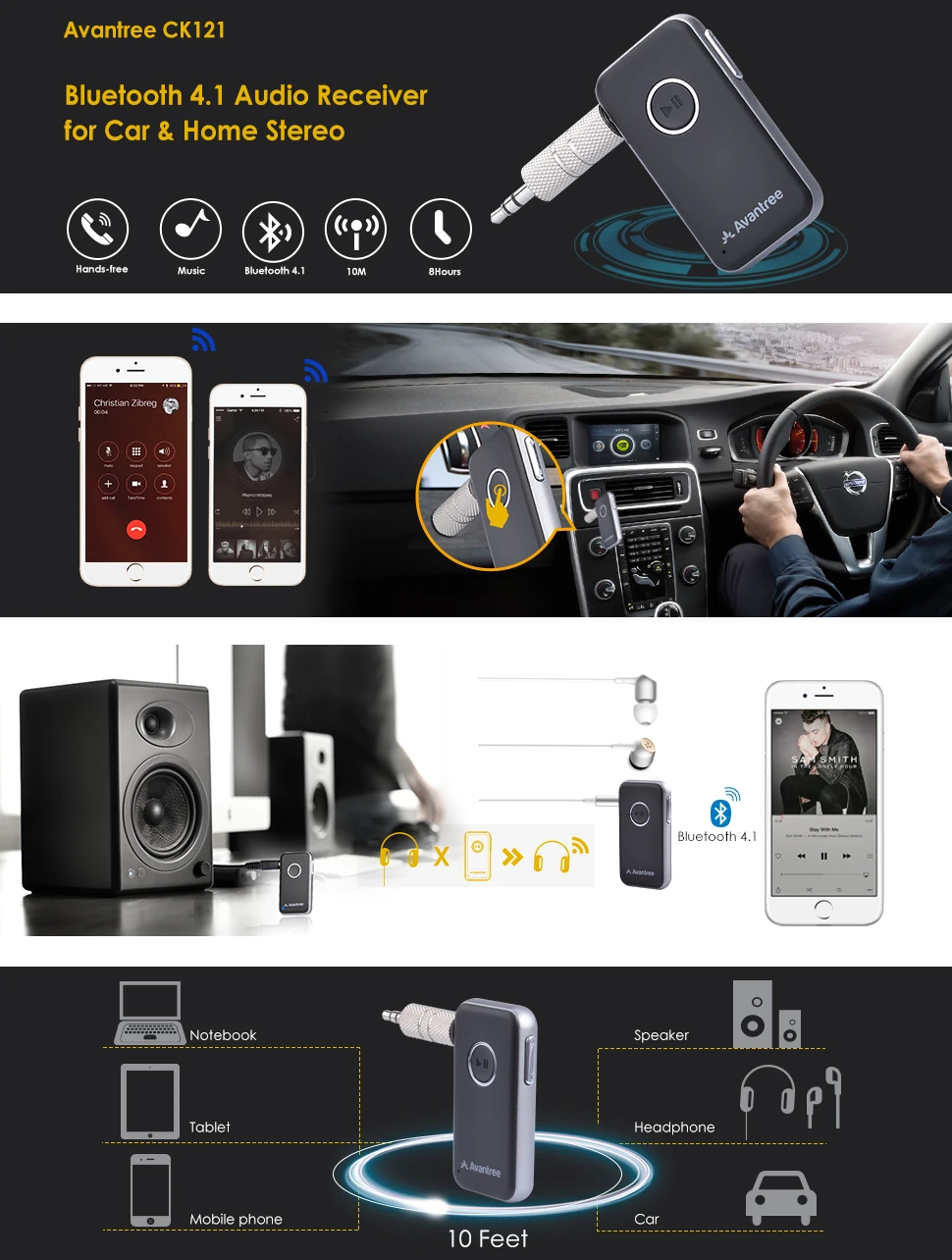 Avantree Bluetooth 4,1 приемник, Hands-free автомобильный комплект с микрофоном и потоковой музыкой, портативный беспроводной музыкальный адаптер для автомобиля дома