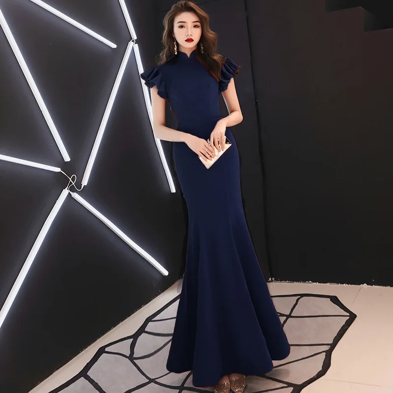deep blue Вечернее Платье Wine Red Flare Рукавом It's YiiYa, Вечернее Платье Винтажное, Женская Мода V-образным Вырезом, С Длинными Рукавами, Платья Партии, E089, Лето - Цвет: deep blue