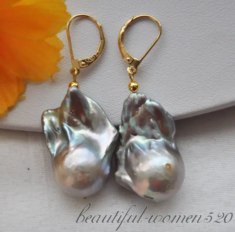 

Z5050 27mm baroque Gray keshi reborn pearl dangle earrings