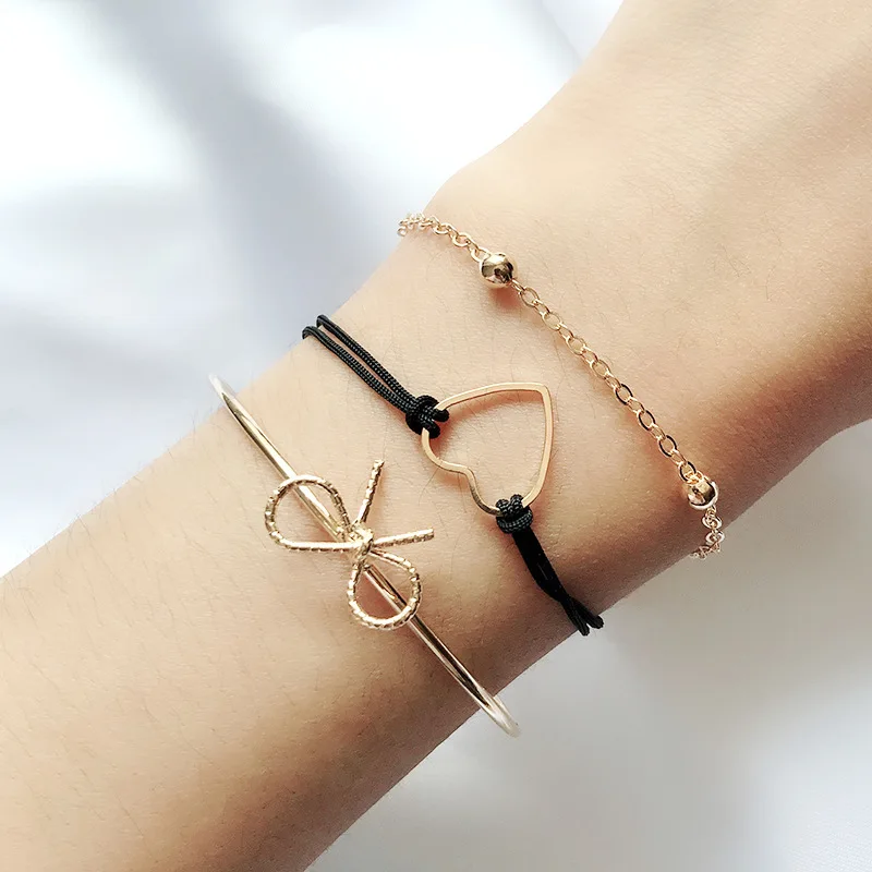 Fashion accessories alloy gold Bowknot heart beads black rope chain 3 pieces set of open Bracelets for women jewelry bangle gift | Украшения