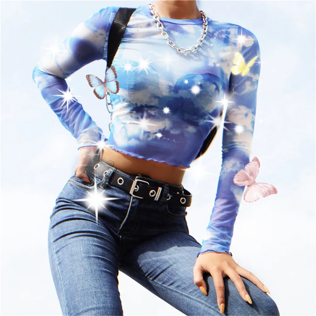New arrival t shirt women Sexy O-Neck Long Sleeve Blue Sky Clouds Print Net Yarn Short Top tshirt super quality camiseta mujer | Женская