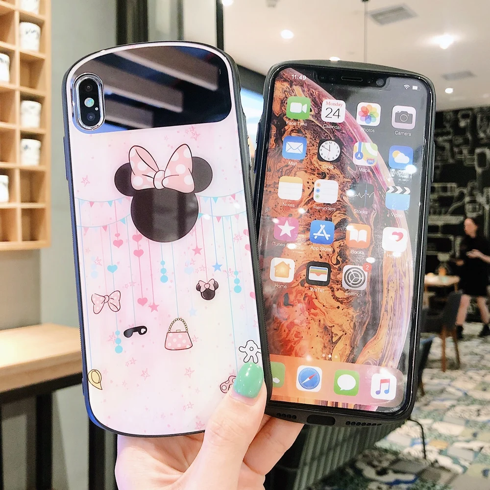 Cartoon Mirror Glass Phone Case For iPhone 11 Pro Max 7 8 Plus Cute girl Cover X XS XR Cases Protective Fundas |