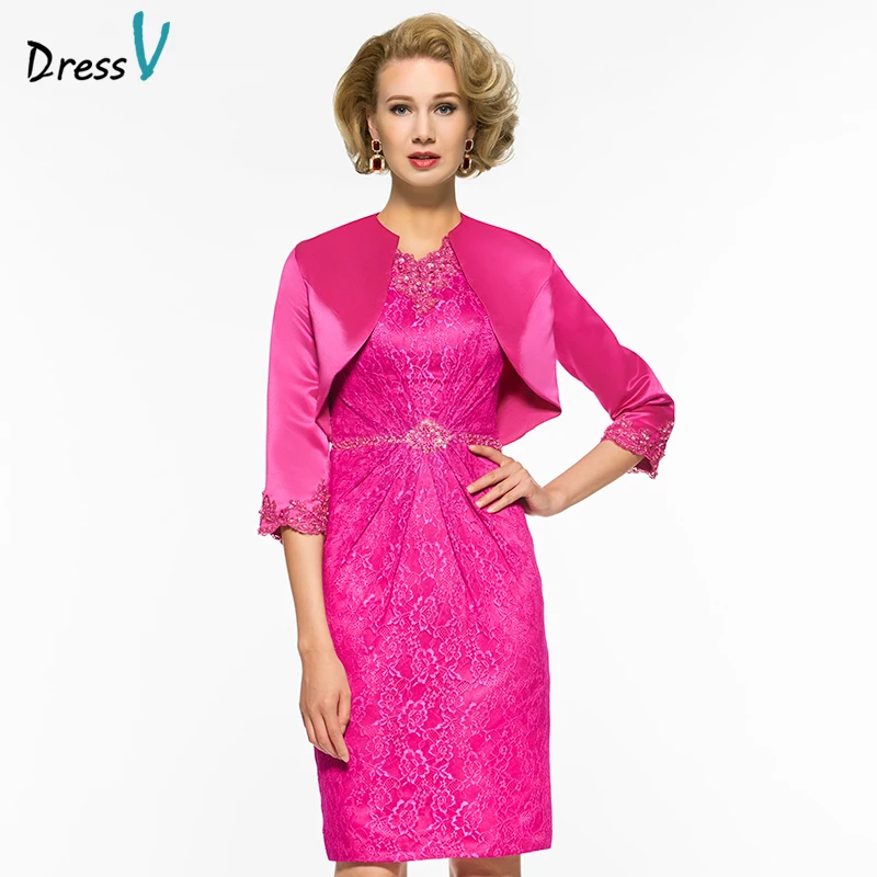 

Dressv scoop neck sheath 3/4 sleeves mother of bride dress with jacket knee length beading long mother evening gown custom