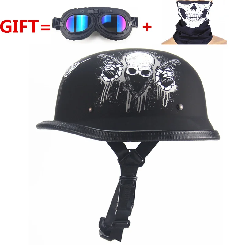 FREE SHIPPING WWII Style Half Helmet Chopper Biker Pilot Goggles Open Face Moto Leather black helmet Black With | Автомобили и