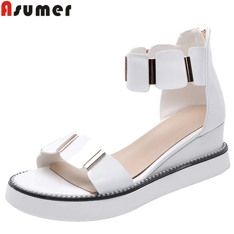 ASUMER/Новинка 2020 года Женские туфли из натуральной кожи на танкетке с молнией