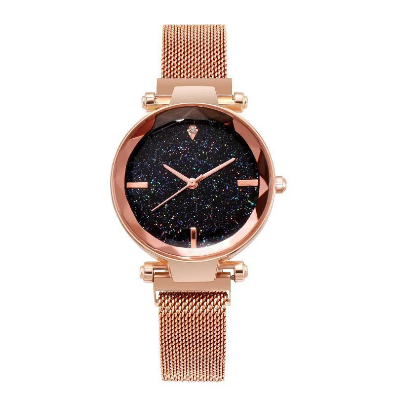 Rose Gold Роскошные Звездное небо женские кварцевые часы золотые бриллиантовые магнитные женские наручные часы минималистичный геометрический Кристалл Relogio Feminino - Цвет: Rose Gold