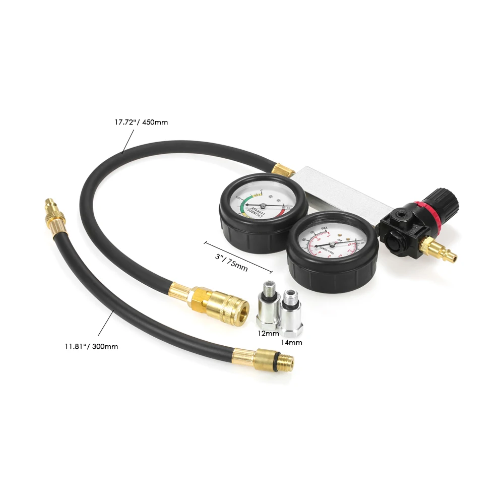 

Compression Leakage Detector Kit Set Auto Cylinder Leak Tester Petrol Engine Gauge Tool Kit Double Gauge System with Case