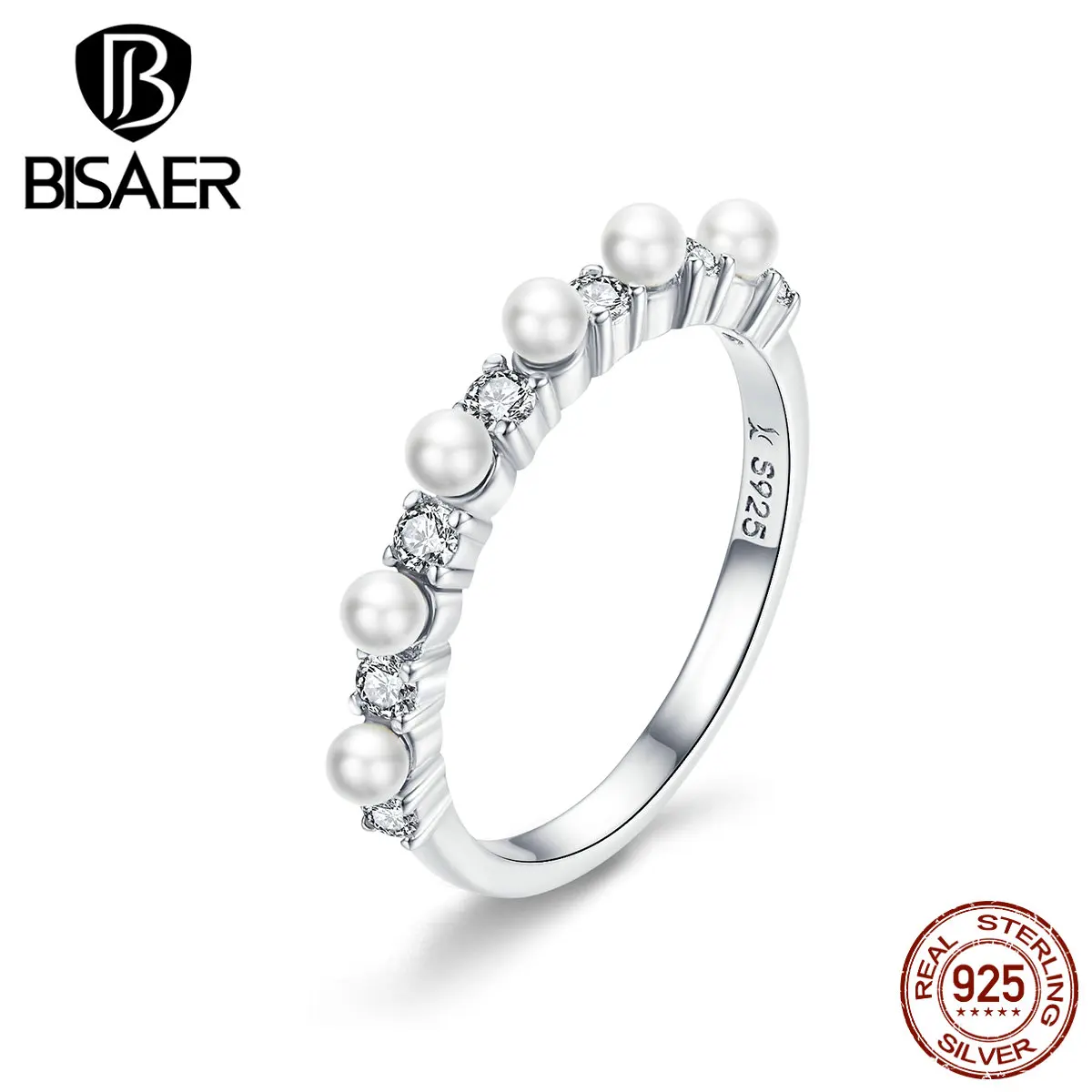 BISAER, простое кольцо, 925 пробы, серебро, простая жизнь, Пресноводный Жемчуг, кольца на палец для женщин, свадебное, обручальное, ювелирное изделие EFR039