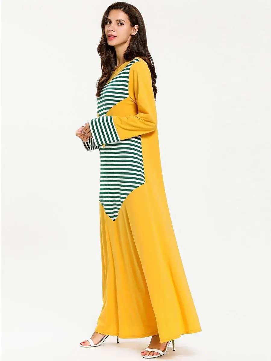 Arab Long Dress Muslim Women Maxi Party Robe Islamic Loose Abaya Kaftan Gown Stripe Patchwork Color Block Dresses New | Тематическая
