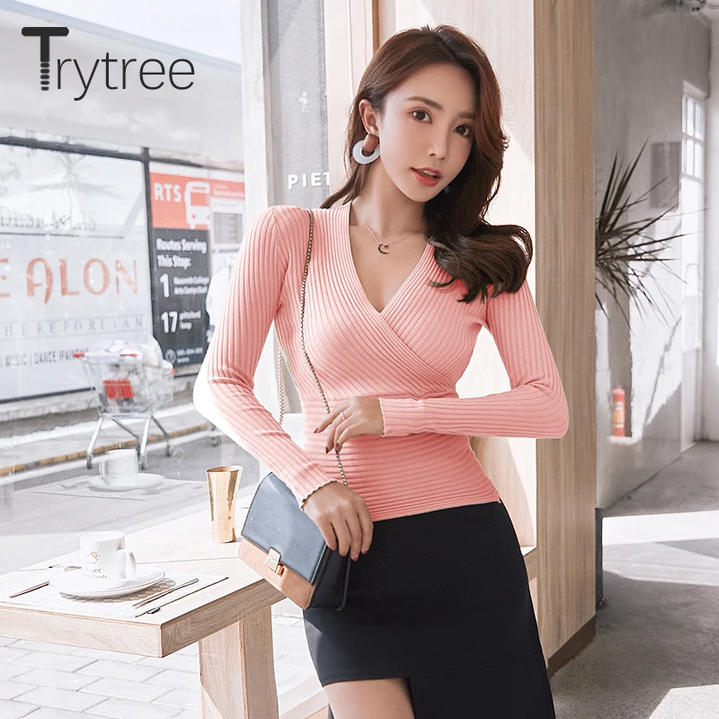 Trytree Лето Осень Женский Повседневный эластичный свитер с v-образным вырезом