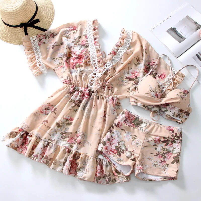 Light Pink Женский купальник с цветочным принтом, комплект бикини из трех частей, одежда для плавания, летний сексуальный купальный костюм, одежда для пляжа, бикини, купальный костюм - Цвет: Light Pink