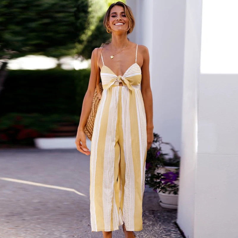 Forefair желтый полосатый Свободный комбинезон, женские повседневные Комбинезоны, сексуальный комбинезон с открытой спиной и бантом спереди, широкие штаны, комбинезон