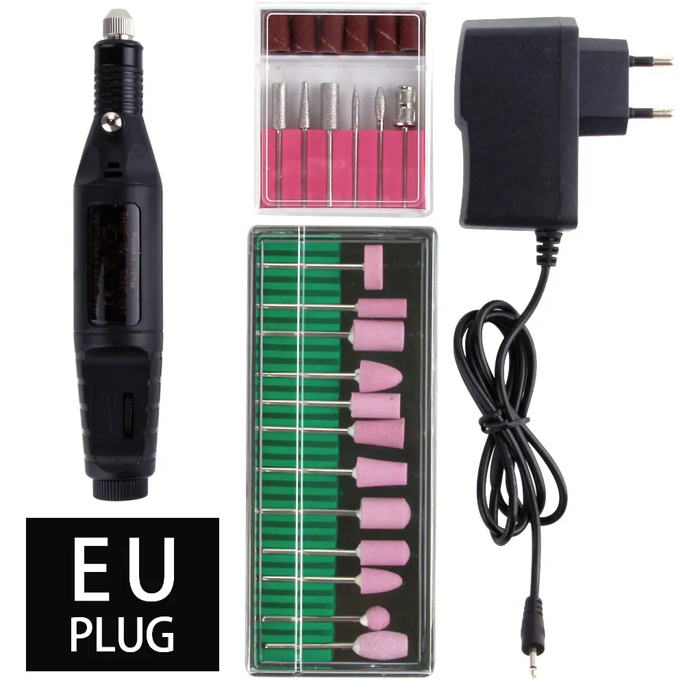 Black EU Plug 1 Набор мощная профессиональная электрическая дрель для ногтей, маникюрные инструменты, набор керамических сверл, роторные заусенцы, мельница для кутикулы, напильник - Цвет: Black EU Plug