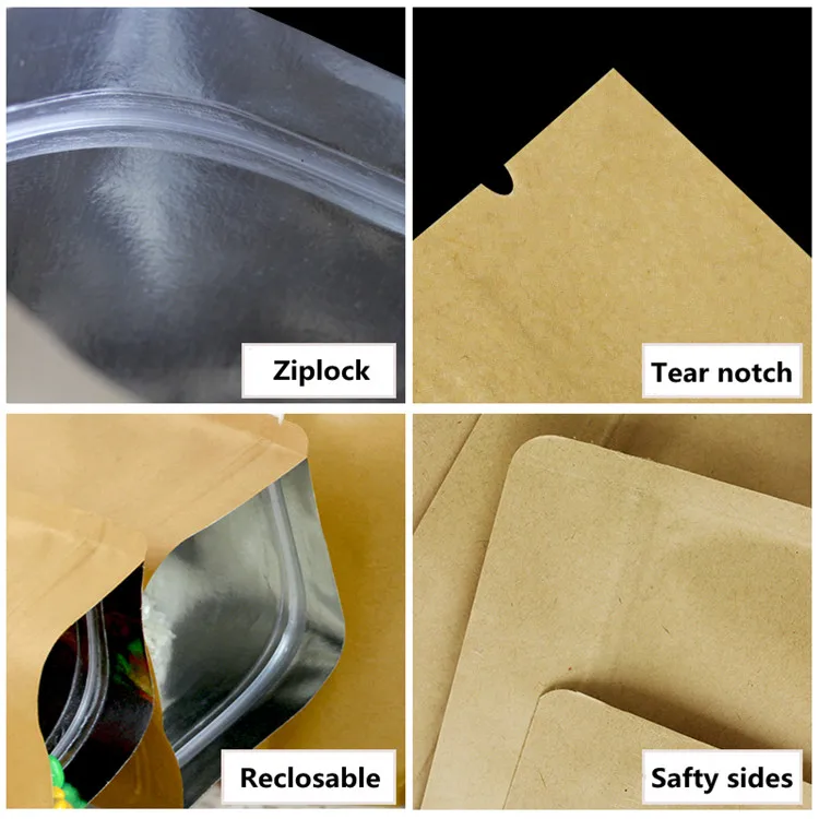 100pcs Flat Kraft Paper Foil Inside Zip Lock Bag Resealable Snack Coffee Sugar Powder Beans Salt Heat Sealing Packaging Pouches images - 6
