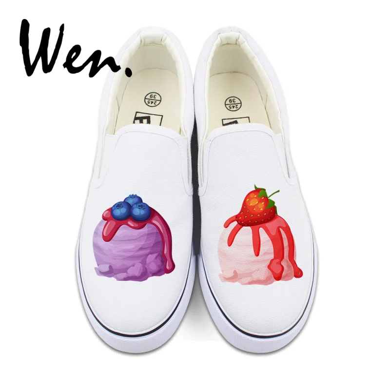 Wen Design Blueberry Strawberry Ice Cream Deliciously Slip On White Black Flats Adult Shoes Canvas Sneakers for Men And Women | Спорт и
