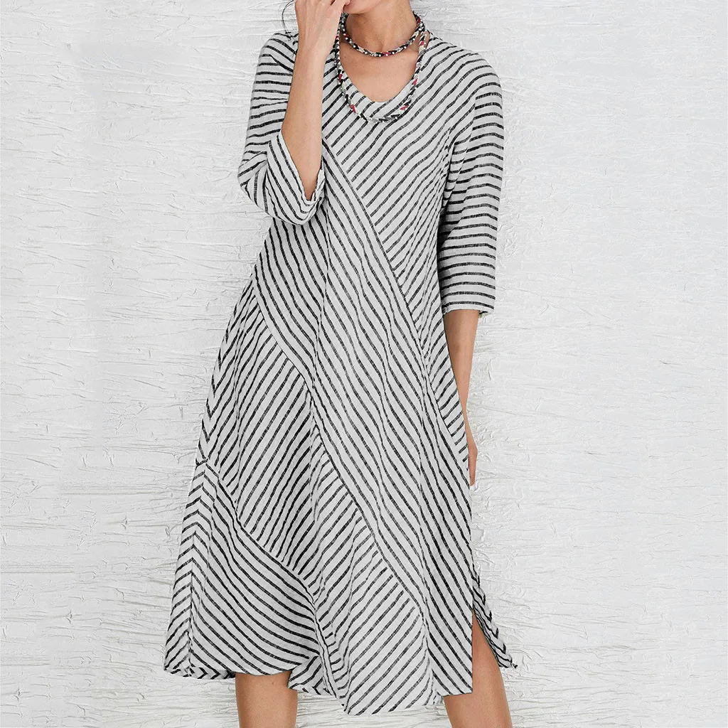 Женское пляжное Повседневное платье с круглым вырезом в полоску принтом