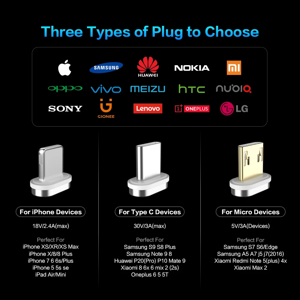 Кабель для зарядки FLOVEME магнитный Micro USB/ Type C/ Lightning 3A 1м/ 2м черный/ красный/